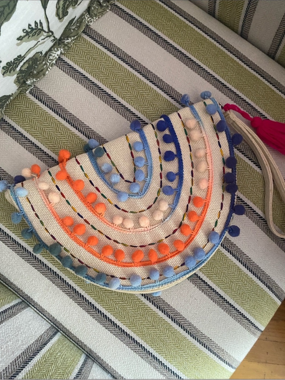 NWOT America & Beyond Woven Half Moon Shaped Bag With Pom Poms